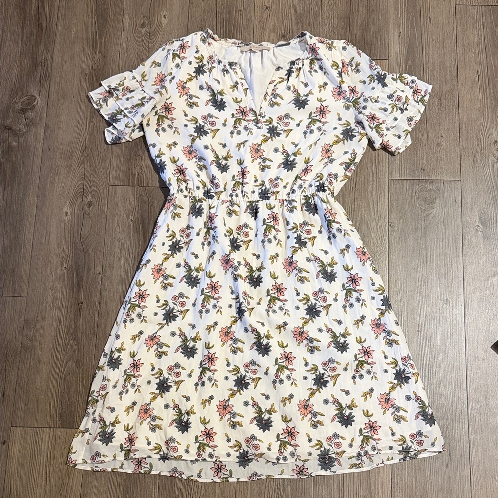 LOFT Floral Mini Dress in Cream with Pink and Green Accents